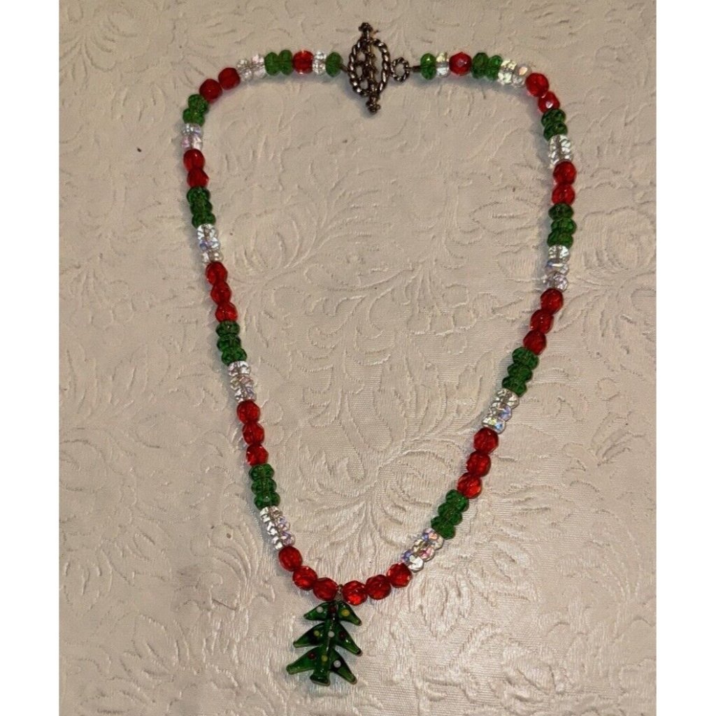 Vtg Murano Christmas Tree Necklace Pendant Art Glass Lampwork Crystal Beaded 15 22$